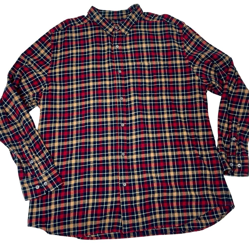 Line of Trade Plaid Flannel Button Up Top Men's XXL Cozy Cotton Navy Blue Red
